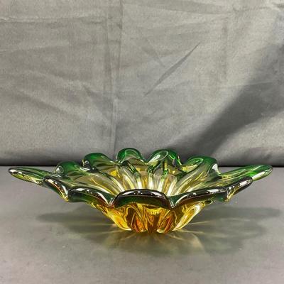 -132- GLASSWARE | Murano Green & Gold Glass Dish