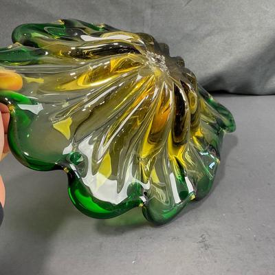 -132- GLASSWARE | Murano Green & Gold Glass Dish
