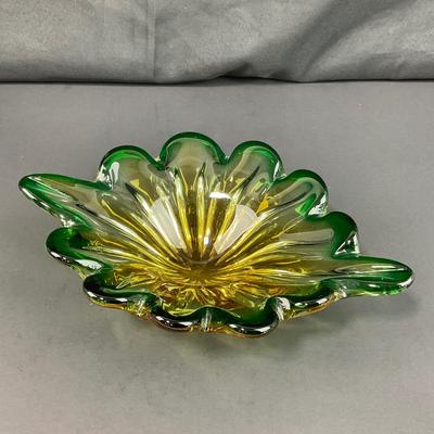 -132- GLASSWARE | Murano Green & Gold Glass Dish