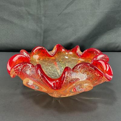 -135- GLASSWARE | Murano Red & Gold Glass Dish