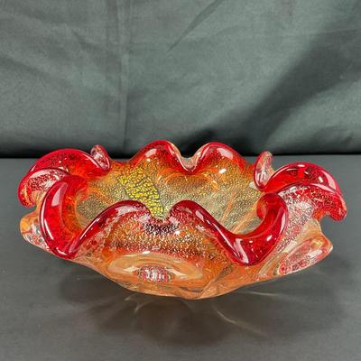 -135- GLASSWARE | Murano Red & Gold Glass Dish