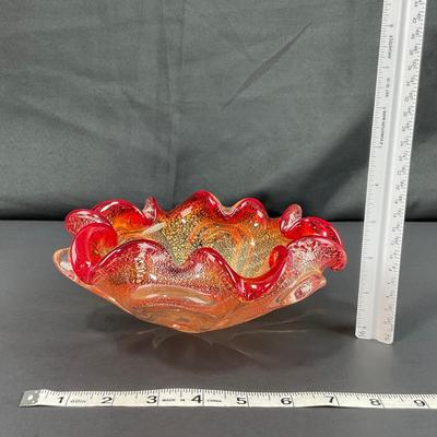 -135- GLASSWARE | Murano Red & Gold Glass Dish
