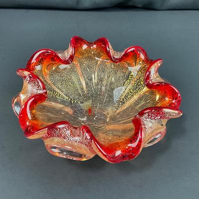 -135- GLASSWARE | Murano Red & Gold Glass Dish