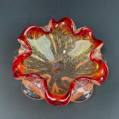 -135- GLASSWARE | Murano Red & Gold Glass Dish