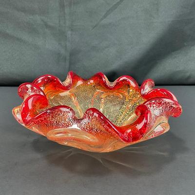 -135- GLASSWARE | Murano Red & Gold Glass Dish