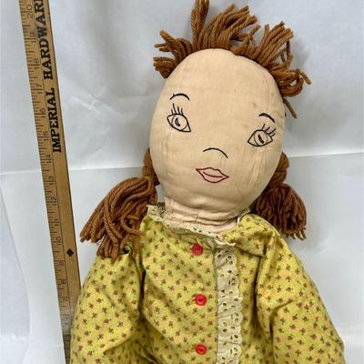 Large Vintage Toddler Sized Rag Doll with Yarn Hair And Stitched face