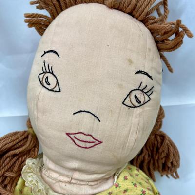 Large Vintage Toddler Sized Rag Doll with Yarn Hair And Stitched face