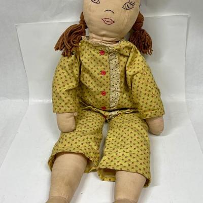 Large Vintage Toddler Sized Rag Doll with Yarn Hair And Stitched face