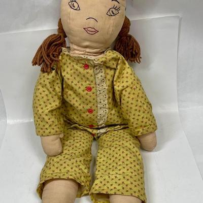 Large Vintage Toddler Sized Rag Doll with Yarn Hair And Stitched face