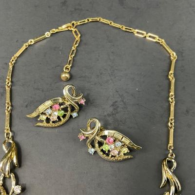 -152- COSTUME JEWELRY | 1960’s Coro Gold Tone With Pastel Stones | Necklace & Earrings