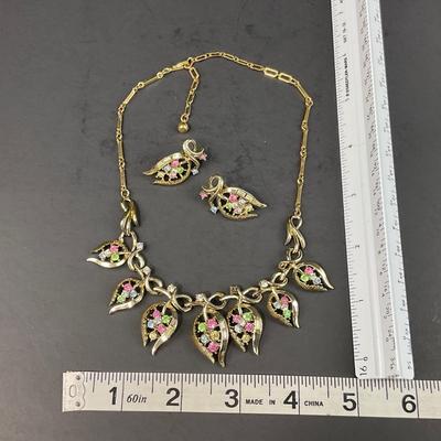 -152- COSTUME JEWELRY | 1960’s Coro Gold Tone With Pastel Stones | Necklace & Earrings