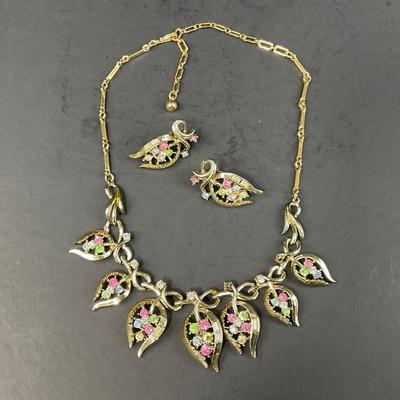 -152- COSTUME JEWELRY | 1960’s Coro Gold Tone With Pastel Stones | Necklace & Earrings