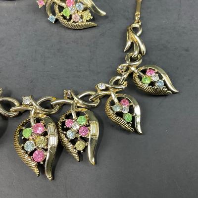 -152- COSTUME JEWELRY | 1960’s Coro Gold Tone With Pastel Stones | Necklace & Earrings