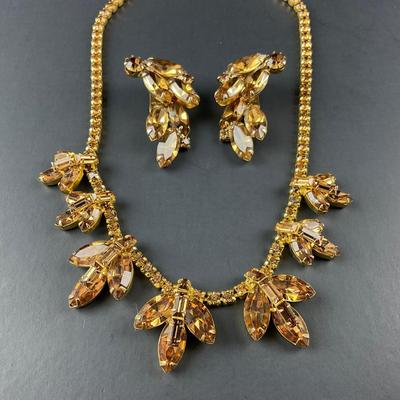 -153- WEISS | Rhinestone Amber Necklace & Earrings | Marked