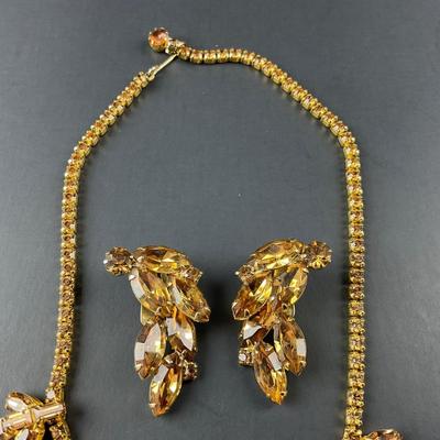 -153- WEISS | Rhinestone Amber Necklace & Earrings | Marked