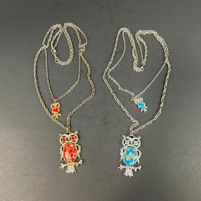 -156- COSTUME JEWELRY | 1950’s-1960’s Double Stranded Plastic Jelly Belly Owl Pendants