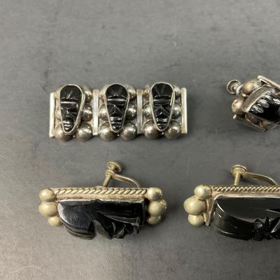 -166- JEWELRY | Vintage Sterling Onyx Carved Aztec Face Pieces