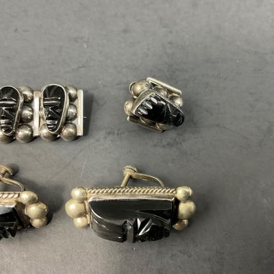 -166- JEWELRY | Vintage Sterling Onyx Carved Aztec Face Pieces