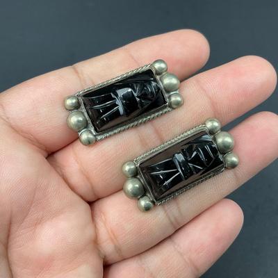 -166- JEWELRY | Vintage Sterling Onyx Carved Aztec Face Pieces