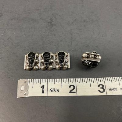 -166- JEWELRY | Vintage Sterling Onyx Carved Aztec Face Pieces