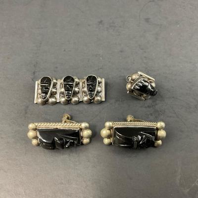 -166- JEWELRY | Vintage Sterling Onyx Carved Aztec Face Pieces