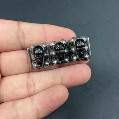 -166- JEWELRY | Vintage Sterling Onyx Carved Aztec Face Pieces