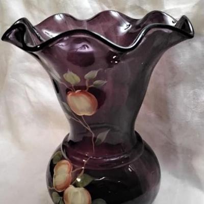 Fenton Apples On Aubergine Purple 100 Anniversary Vase Hand Painted By A. Deem