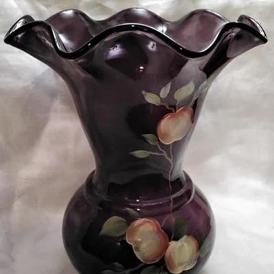 Fenton Apples On Aubergine Purple 100 Anniversary Vase Hand Painted By A. Deem