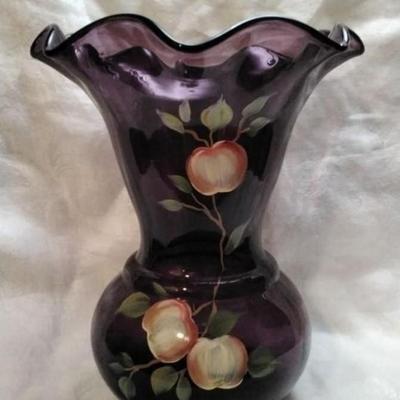 Fenton Apples On Aubergine Purple 100 Anniversary Vase Hand Painted By A. Deem