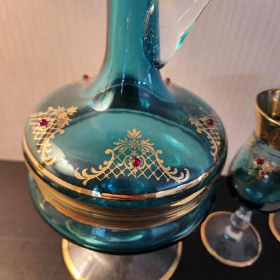 Mid Century Aqua Blue Gold Jewels Decanter w 6 Cordial Glasses