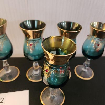 Mid Century Aqua Blue Gold Jewels Decanter w 6 Cordial Glasses