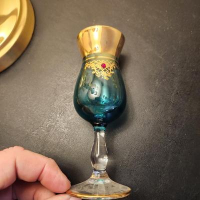 Mid Century Aqua Blue Gold Jewels Decanter w 6 Cordial Glasses