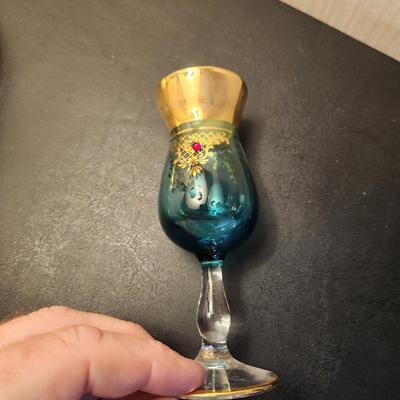 Mid Century Aqua Blue Gold Jewels Decanter w 6 Cordial Glasses