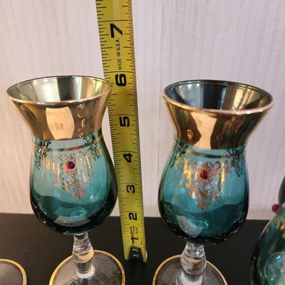 Mid Century Aqua Blue Gold Jewels Decanter w 6 Cordial Glasses
