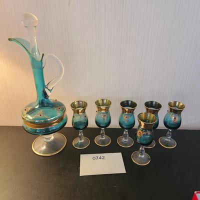 Mid Century Aqua Blue Gold Jewels Decanter w 6 Cordial Glasses