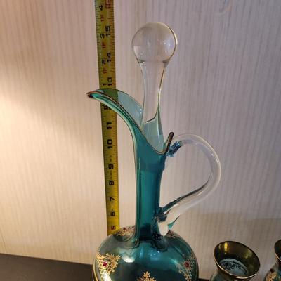 Mid Century Aqua Blue Gold Jewels Decanter w 6 Cordial Glasses