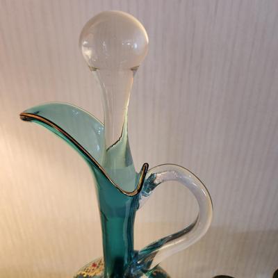 Mid Century Aqua Blue Gold Jewels Decanter w 6 Cordial Glasses