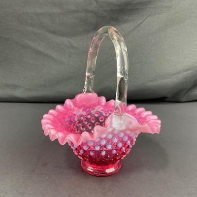 -183- FENTON | Cranberry Opalescent Hobnail Brides Basket