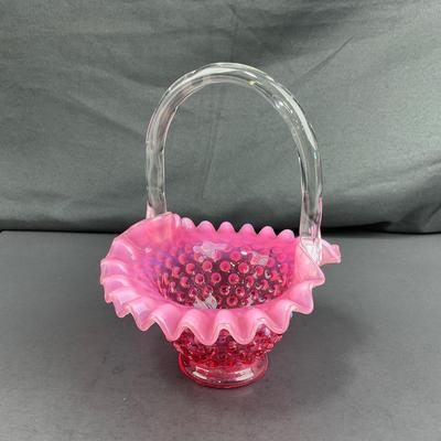 -183- FENTON | Cranberry Opalescent Hobnail Brides Basket