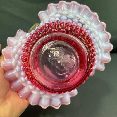 -183- FENTON | Cranberry Opalescent Hobnail Brides Basket