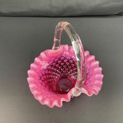 -183- FENTON | Cranberry Opalescent Hobnail Brides Basket