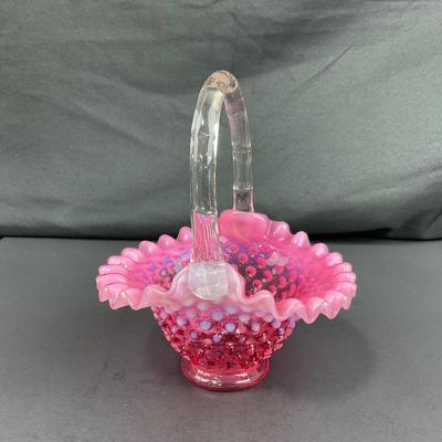 -183- FENTON | Cranberry Opalescent Hobnail Brides Basket