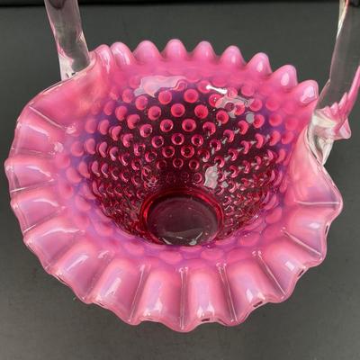 -183- FENTON | Cranberry Opalescent Hobnail Brides Basket