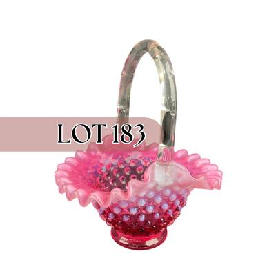 -183- FENTON | Cranberry Opalescent Hobnail Brides Basket