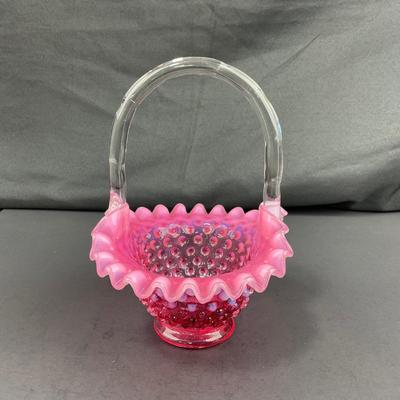 -183- FENTON | Cranberry Opalescent Hobnail Brides Basket