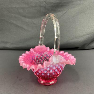 -183- FENTON | Cranberry Opalescent Hobnail Brides Basket