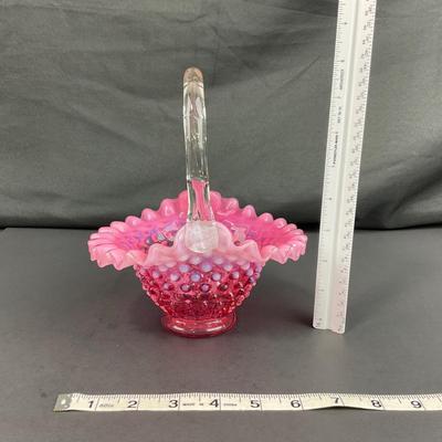 -183- FENTON | Cranberry Opalescent Hobnail Brides Basket