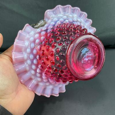 -183- FENTON | Cranberry Opalescent Hobnail Brides Basket
