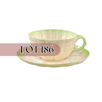 -186- BELLEEK | Teacup & Saucer | Tridacna Shell Green Pattern | 2nd Mark