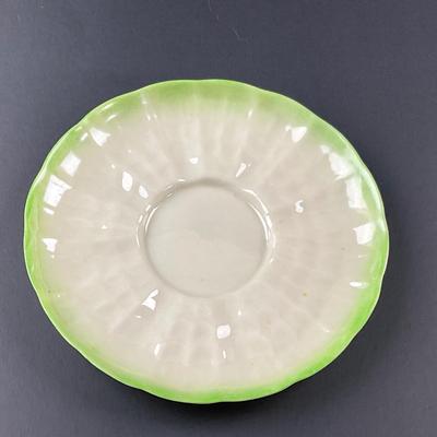 -186- BELLEEK | Teacup & Saucer | Tridacna Shell Green Pattern | 2nd Mark